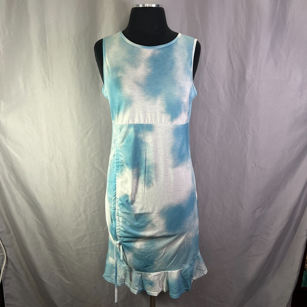 Zaprada Dress Womens Medium Blue White Tie Dye Sleeveless Round Neck Ruffled Hem
